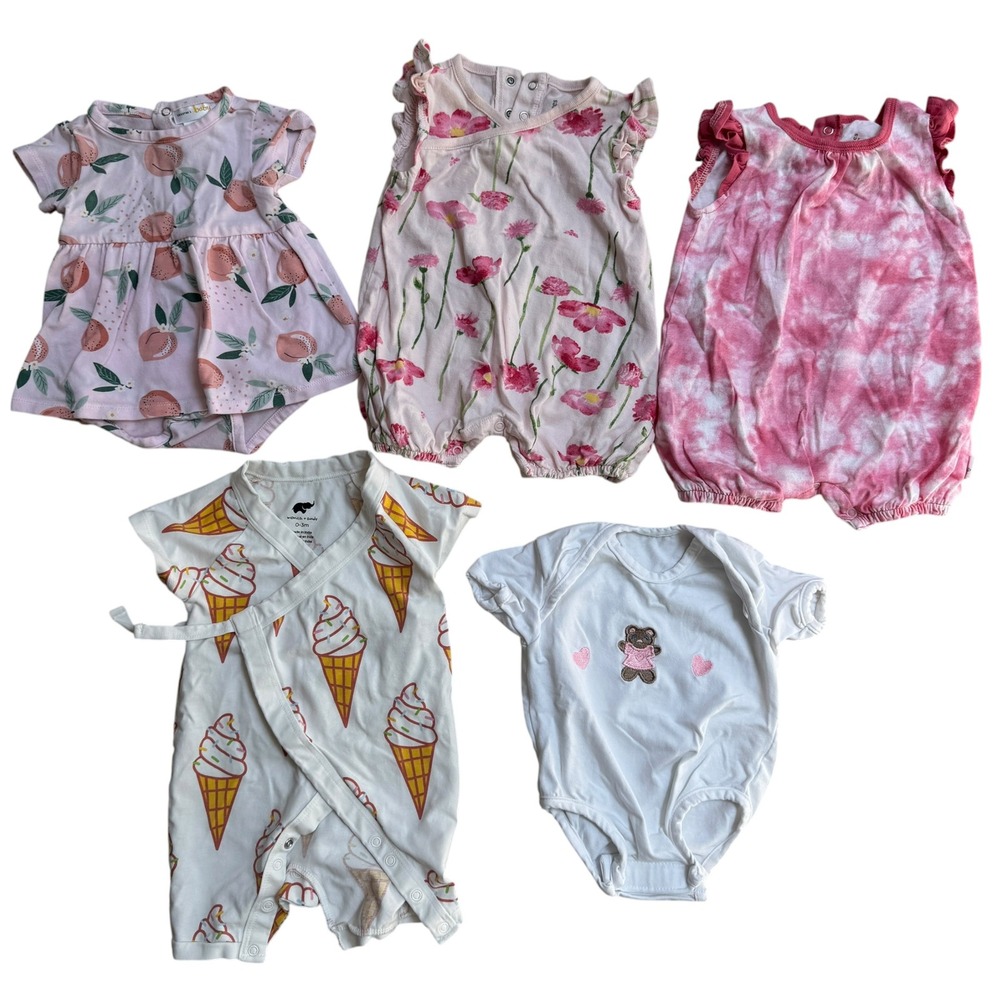 Monica + Andy Burt's Bees Baby Girl Bundle 0-3M Pink Floral 5pc Romper Lot